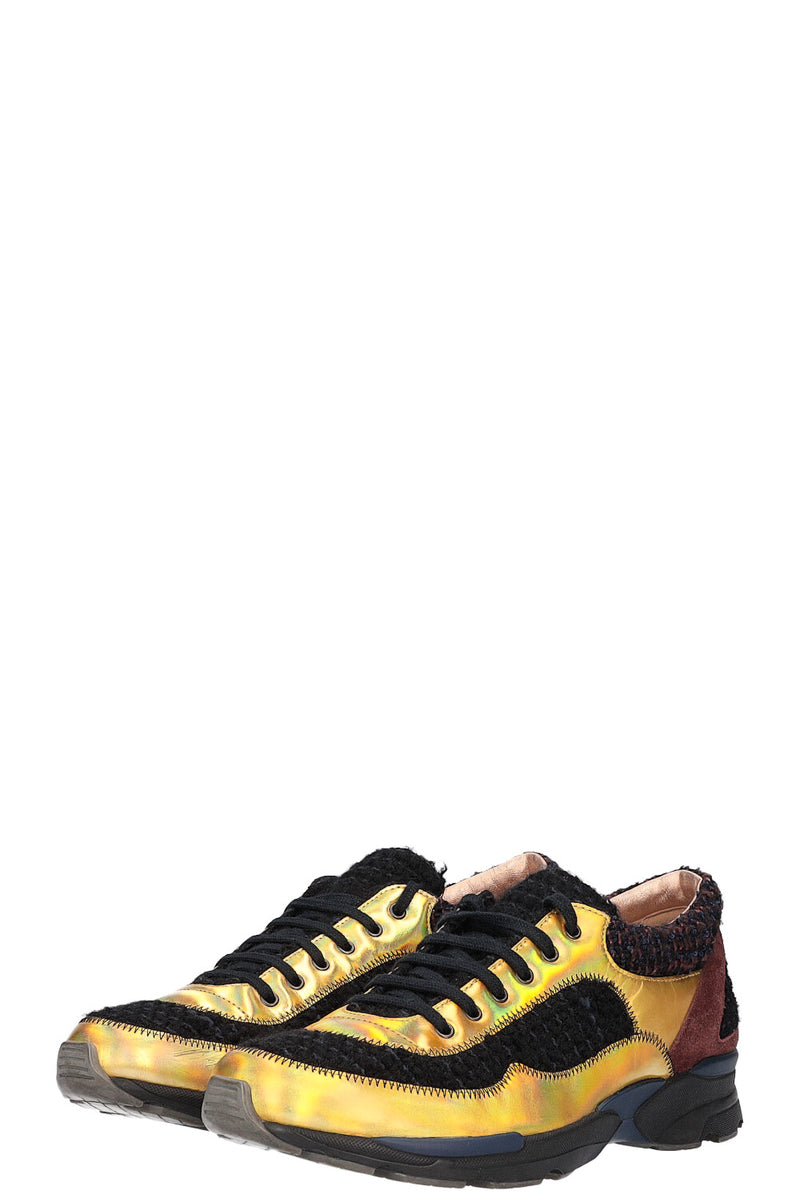 CHANEL sneakers tweed metallic gold