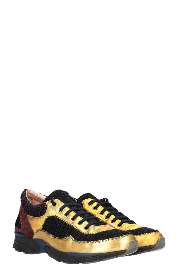 CHANEL sneakers tweed metallic gold