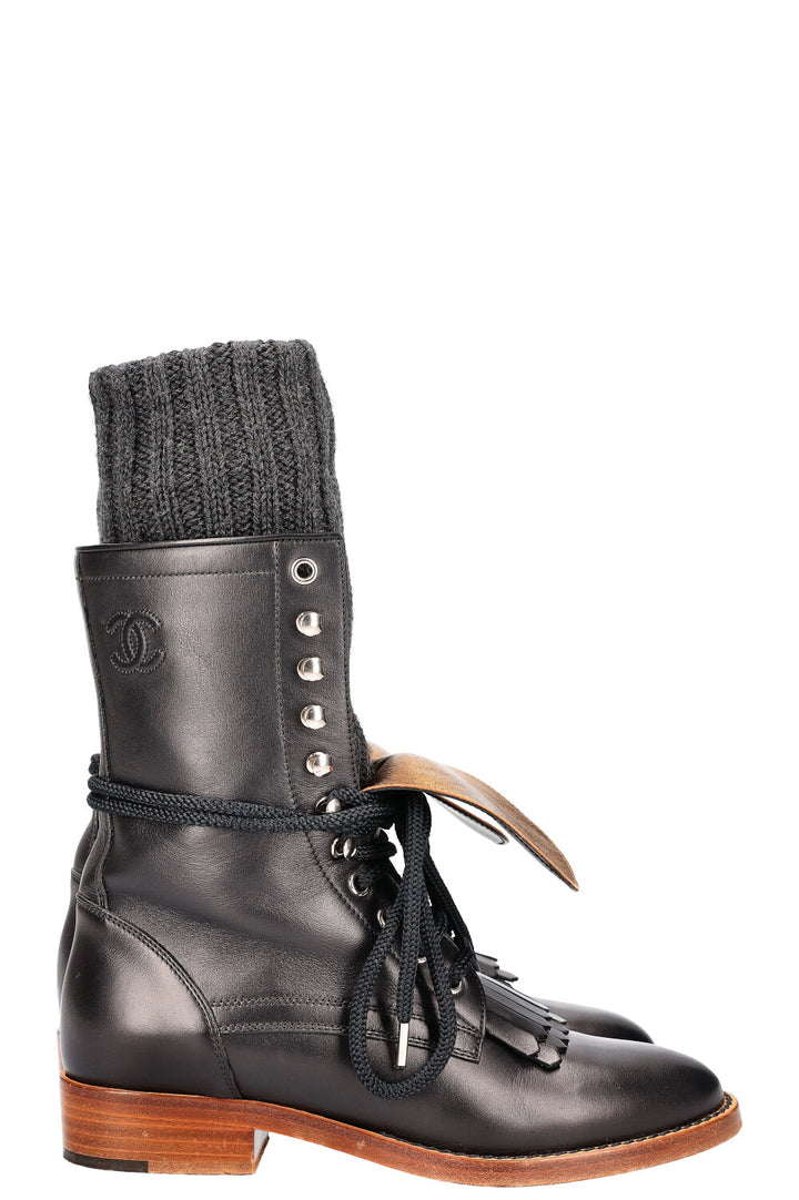 CHANEL Combat Boots with Socks Black &amp; Gold