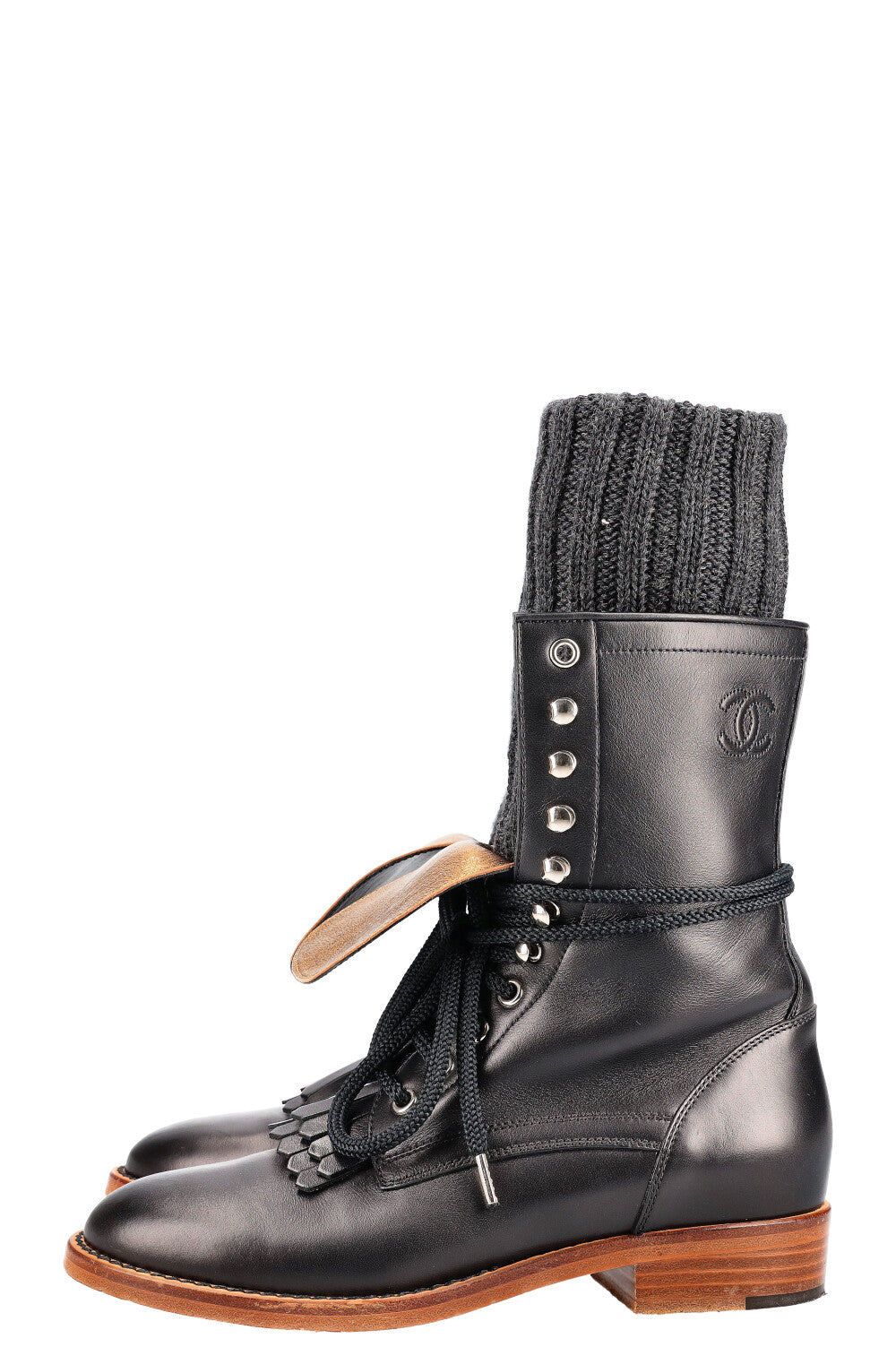 CHANEL Combat Boots with Socks Black &amp; Gold