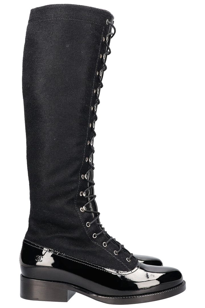 CHANEL Lace Up Knee Boots Black