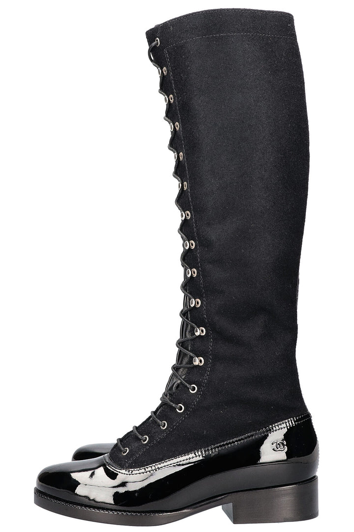 CHANEL Lace Up Knee Boots Black