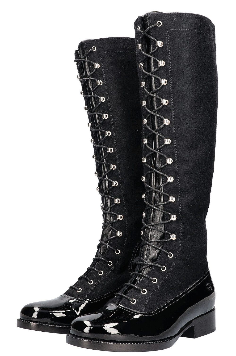CHANEL Lace Up Knee Boots Black