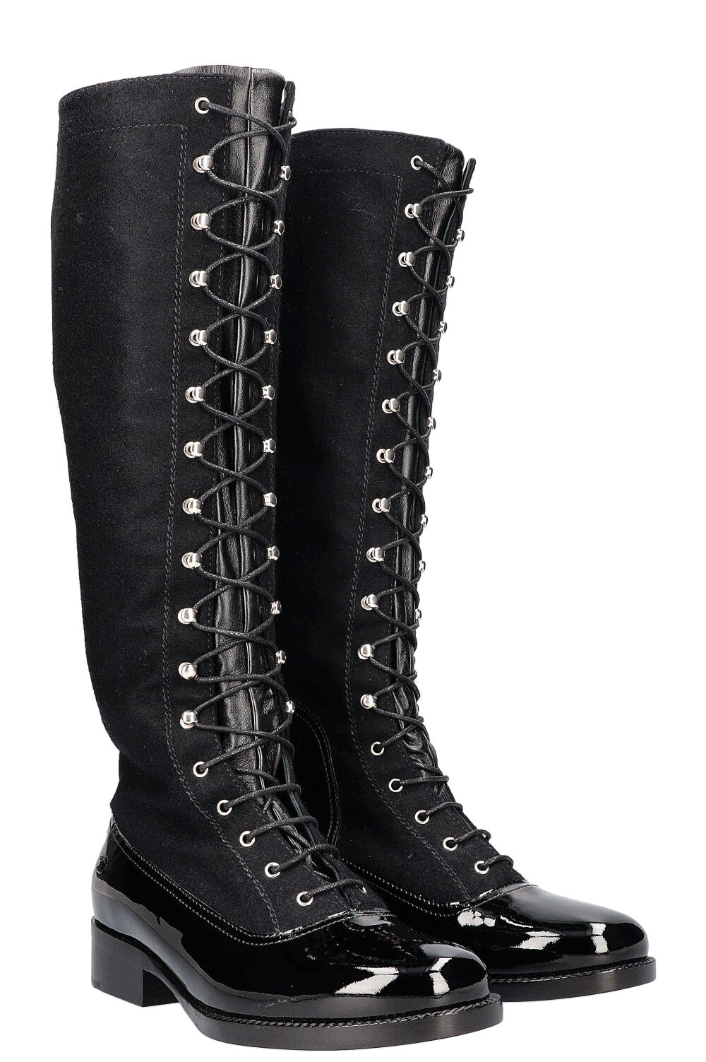 CHANEL Lace Up Knee Boots Black