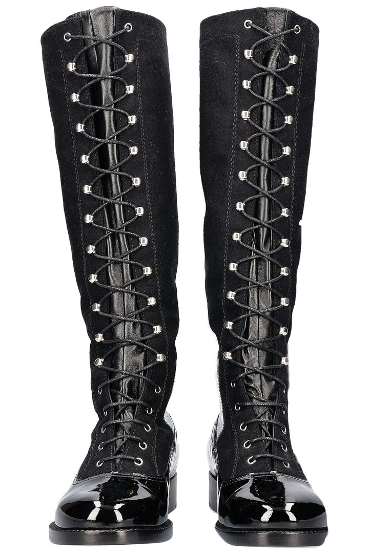 CHANEL Lace Up Knee Boots Black