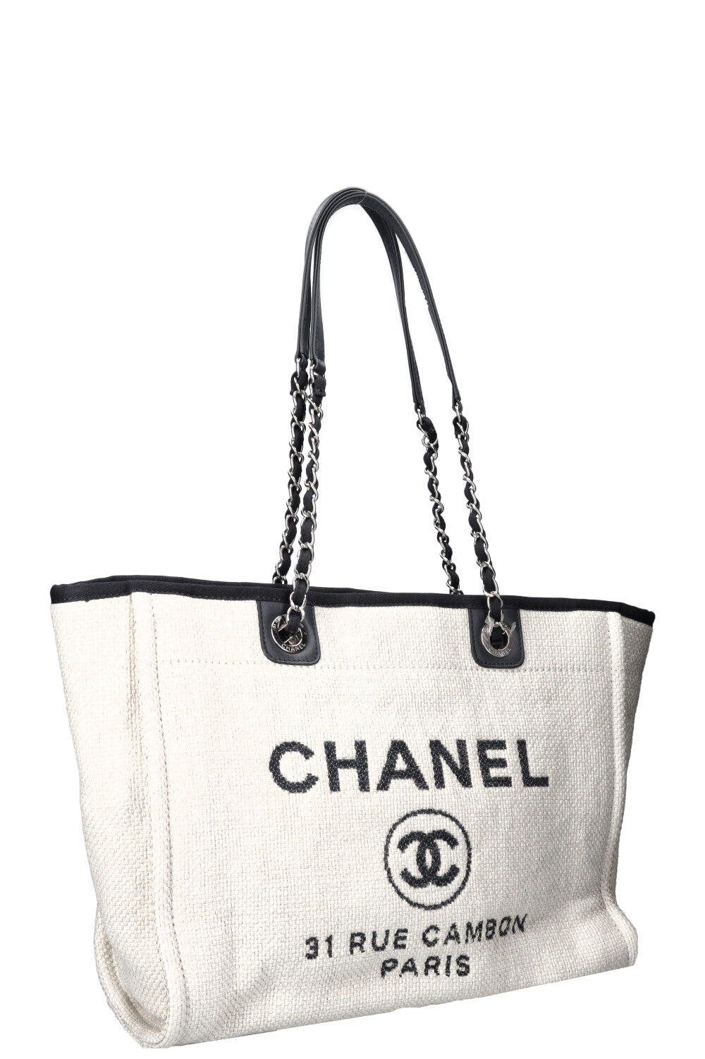 CHANEL Deauville Bag Small Raffia White Navy