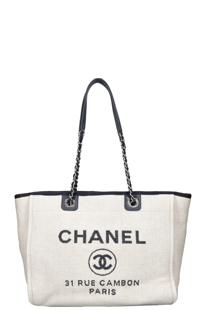 CHANEL Deauville Bag Small Raffia White Navy