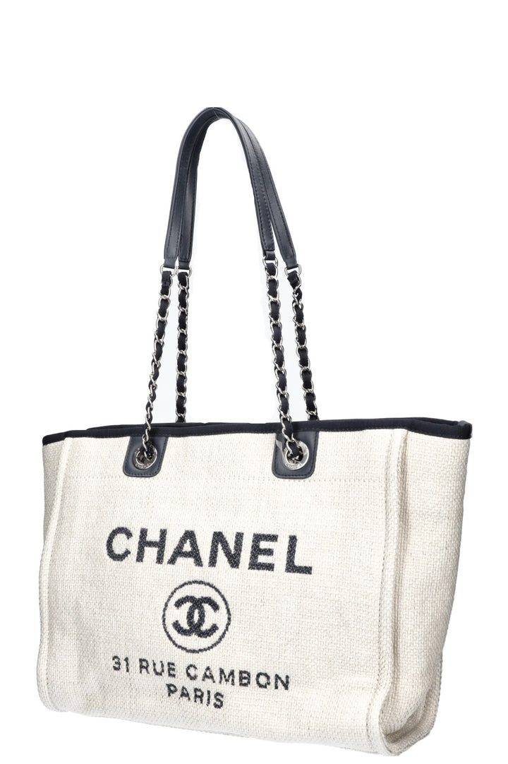 CHANEL Deauville Bag Small Raffia White Navy