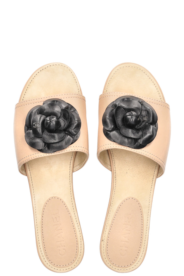 CHANEL Camelia Wood Flats Beige