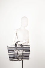 CHANEL Large Deauville Tote Bag Canvas Grey & Beige