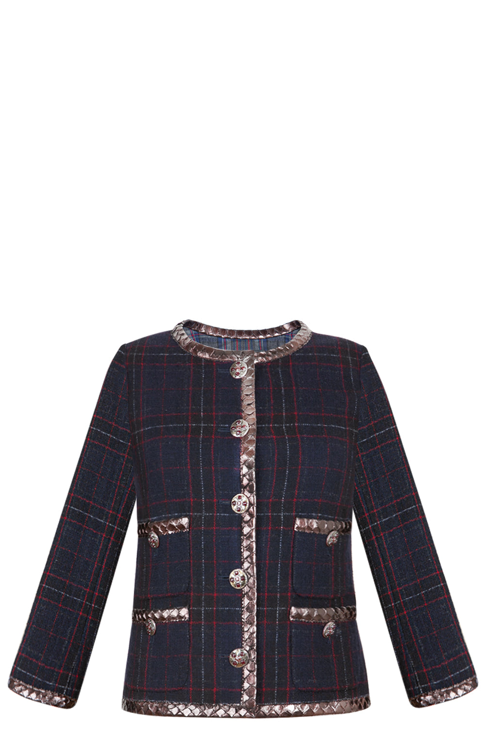 CHANEL Jacket Tartan Navy with Python Applicaton