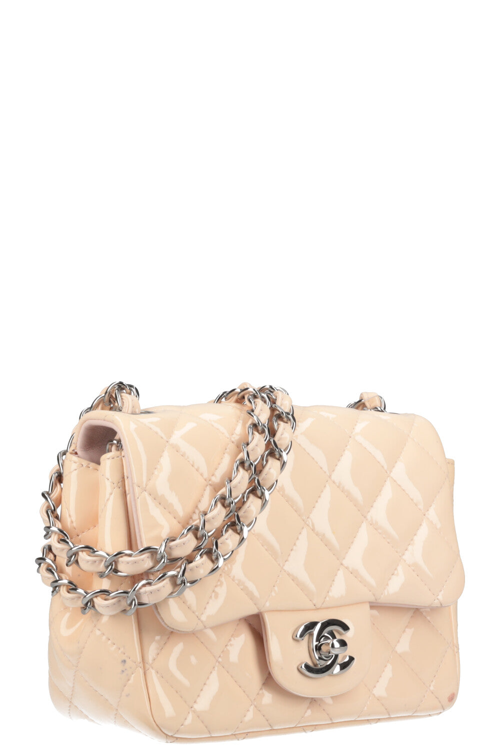CHANEL Square Single Flap Patent Nude