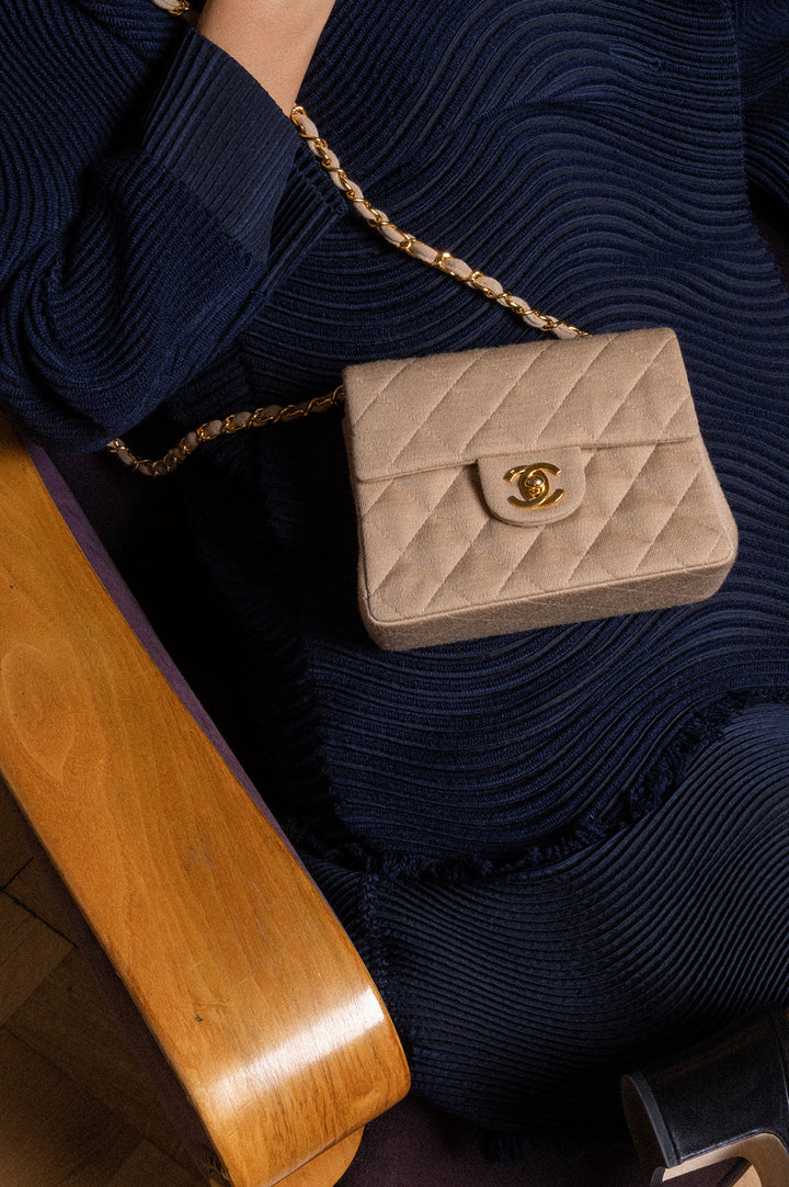 CHANEL Square Flap Bag Jersey Beige