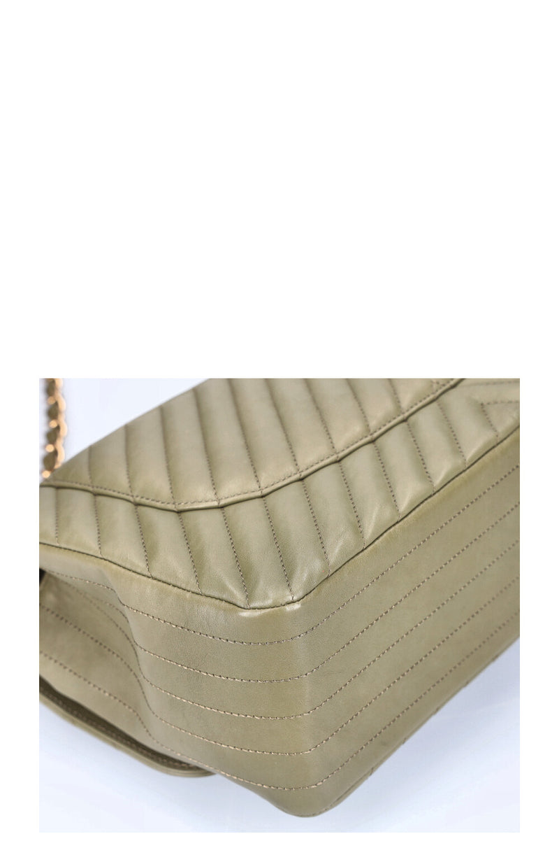 CHANEL Large Double Flap Bag Chevron Olive Green