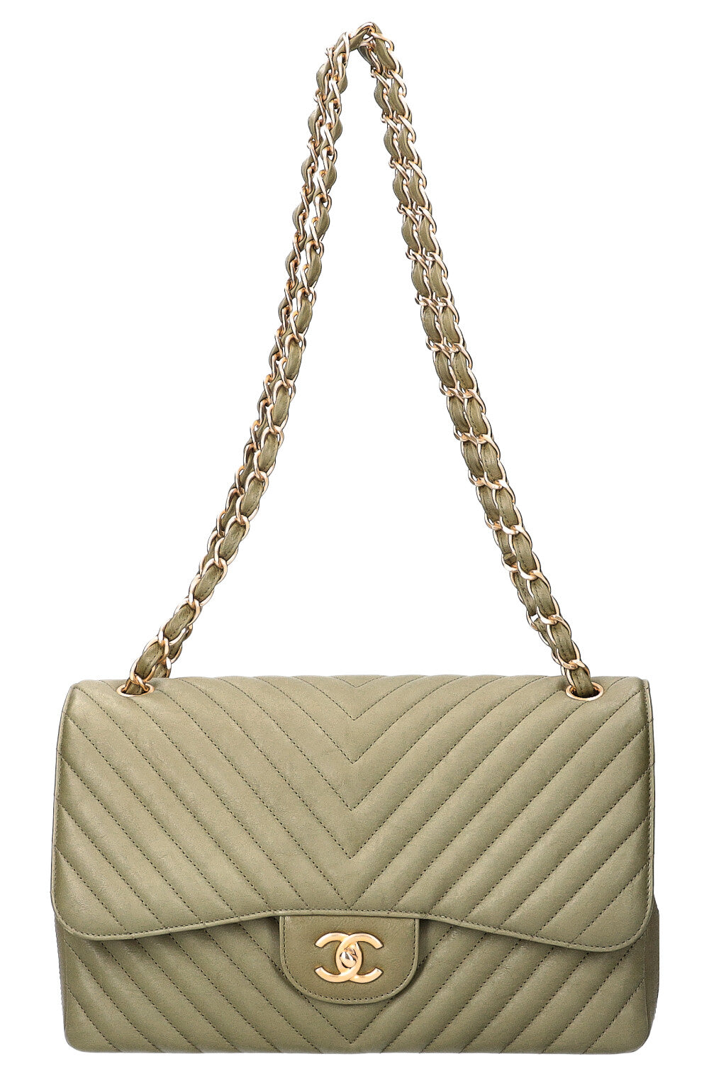 CHANEL Large Double Flap Bag Chevron Olive Green