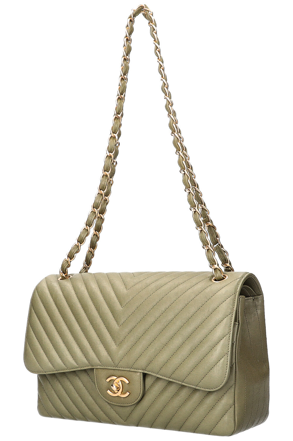 CHANEL Large Double Flap Bag Chevron Olive Green