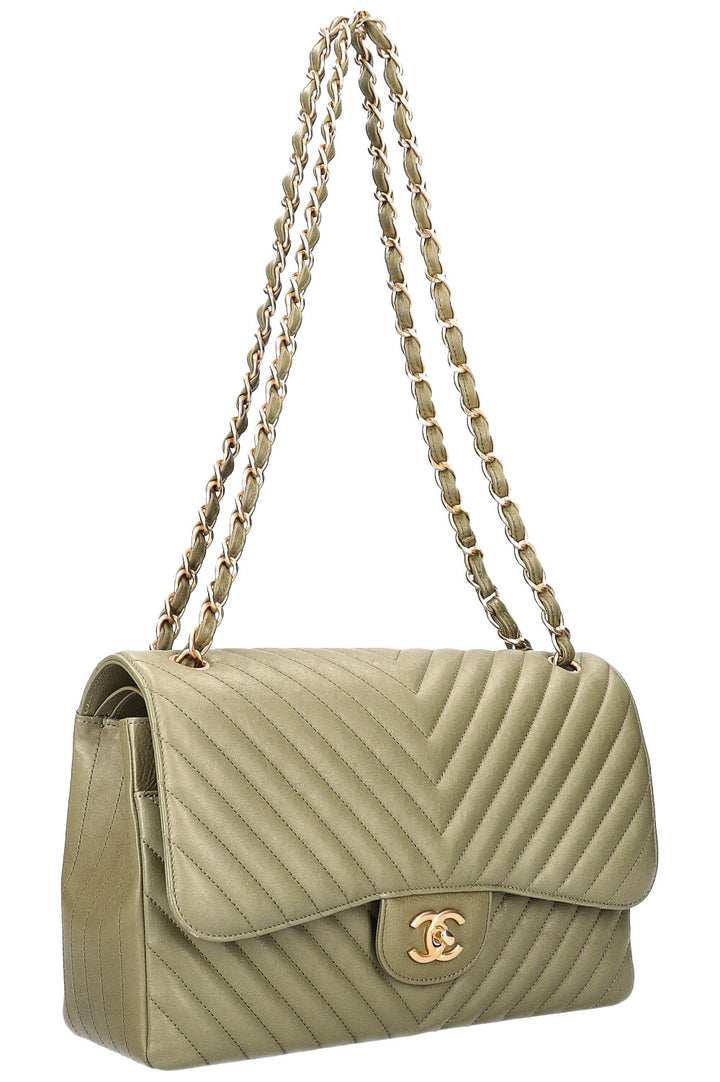 CHANEL Large Double Flap Bag Chevron Olive Green