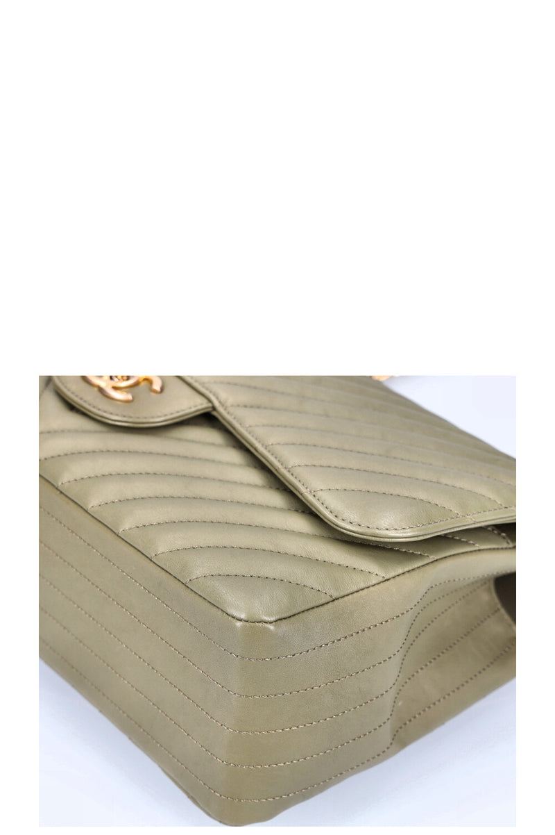 CHANEL Large Double Flap Bag Chevron Olive Green