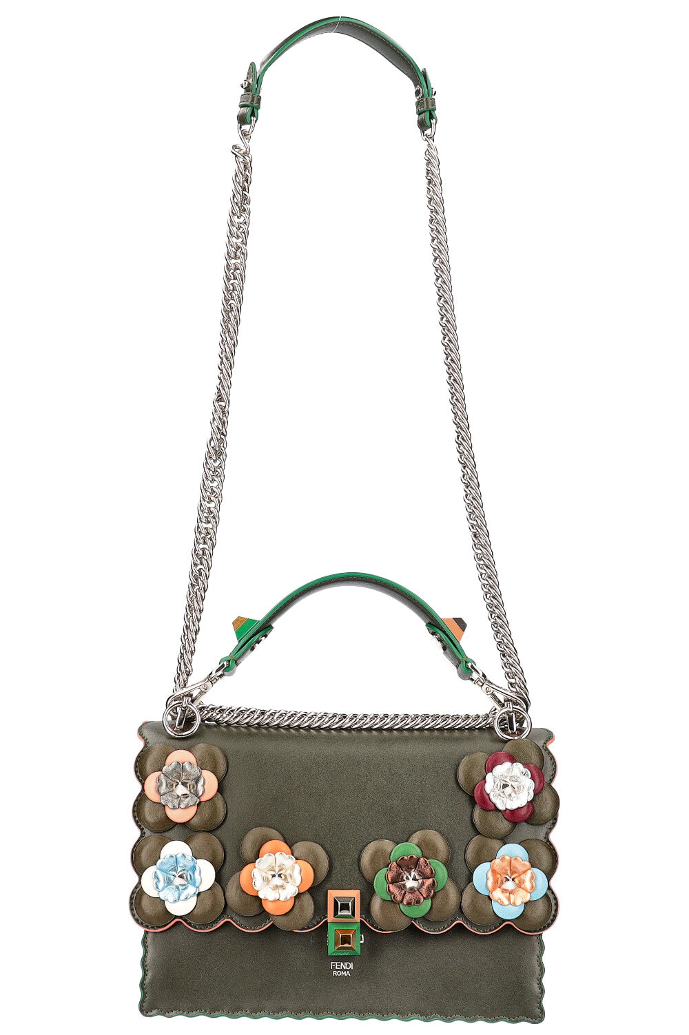 FENDI Flowerland Kan I Bag Embellished Leather Bag Green