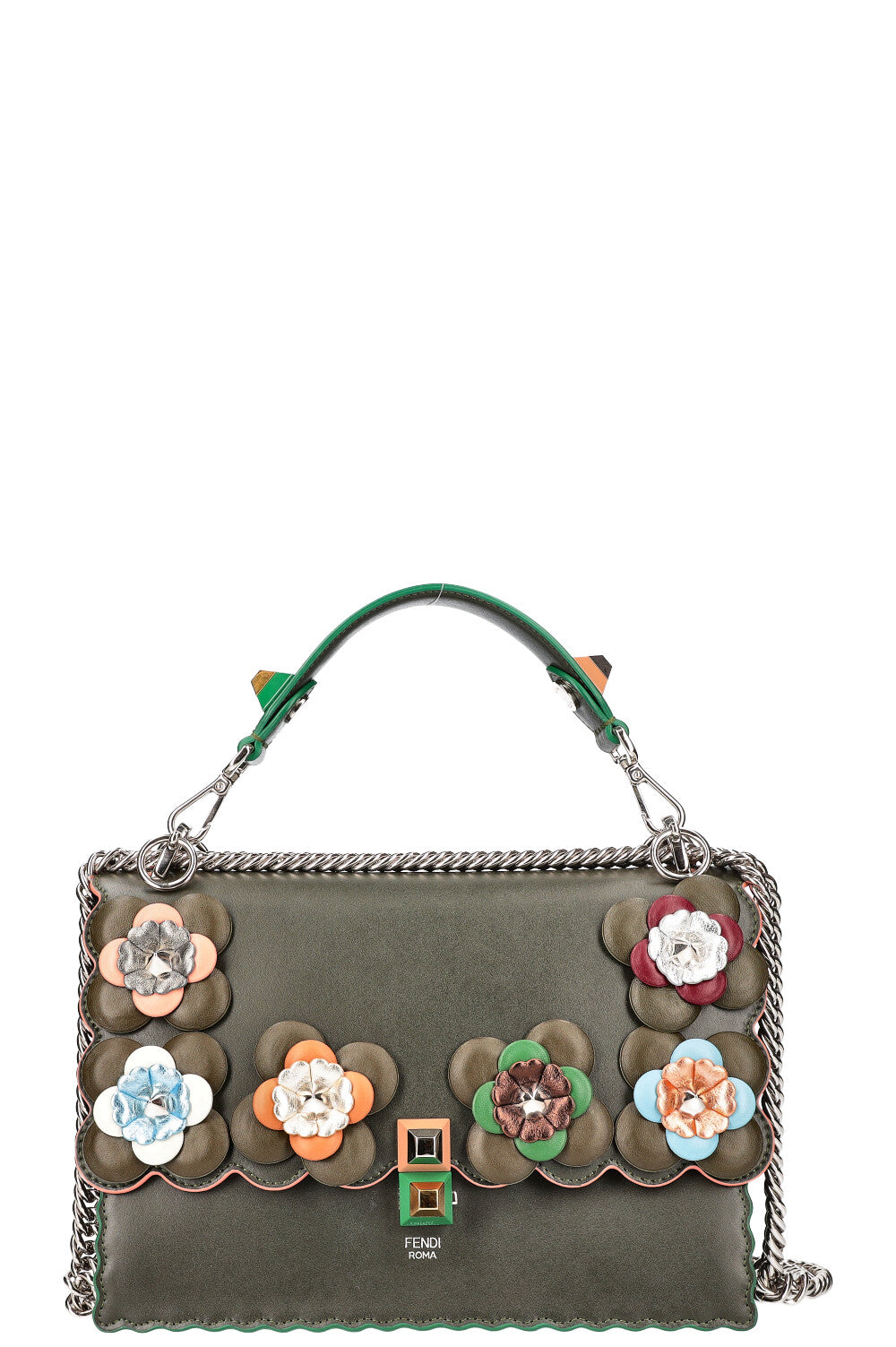 FENDI Flowerland Kan I Bag Embellished Leather Bag Green