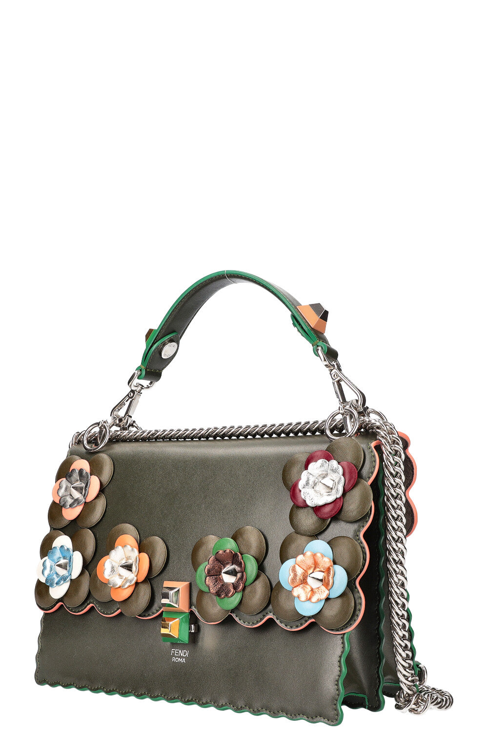 FENDI Flowerland Kan I Bag Embellished Leather Bag Green