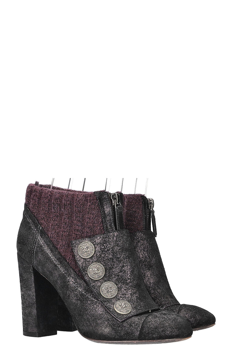 CHANEL Knit CC Flap Irredescent Ankle Boots Purple
