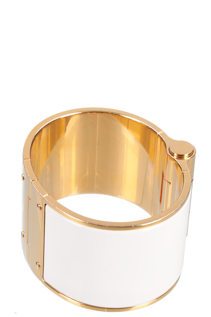 HERMÈS Hinged Wide Enamel Bracelet White & Gold