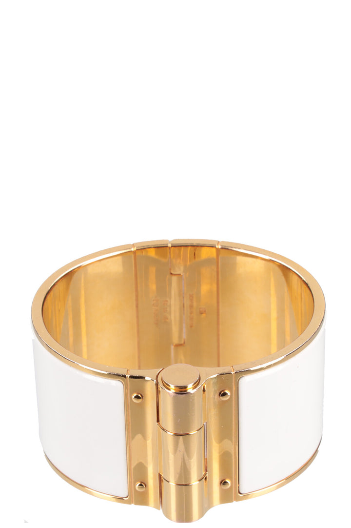 HERMÈS Hinged Wide Enamel Bracelet White & Gold