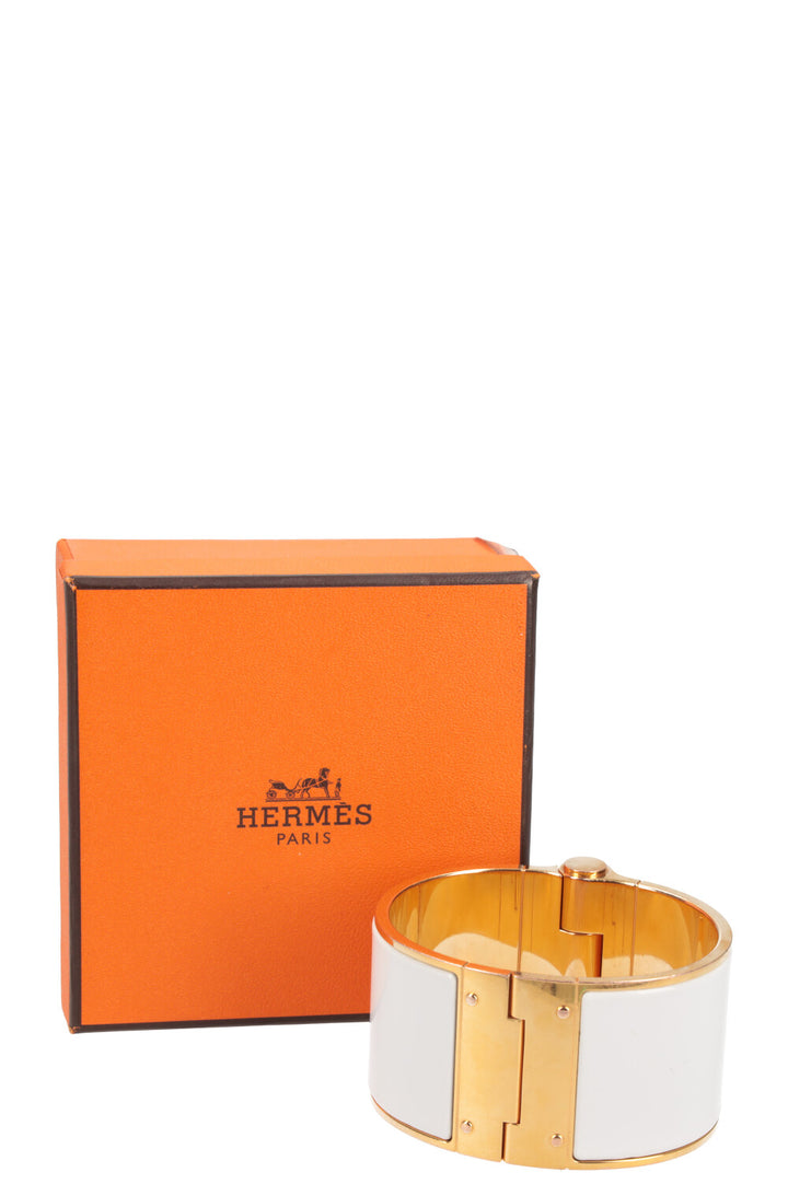 HERMÈS Hinged Wide Enamel Bracelet White & Gold