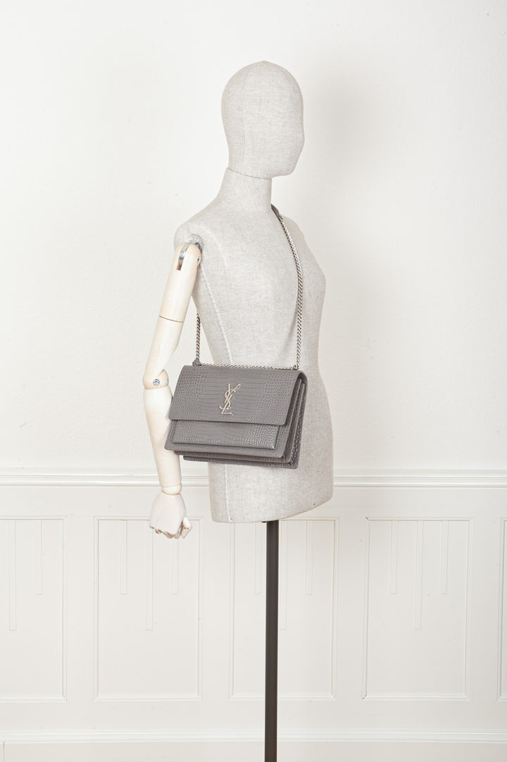 SAINT LAURENT Sunset Bag Gray Croc Embossed