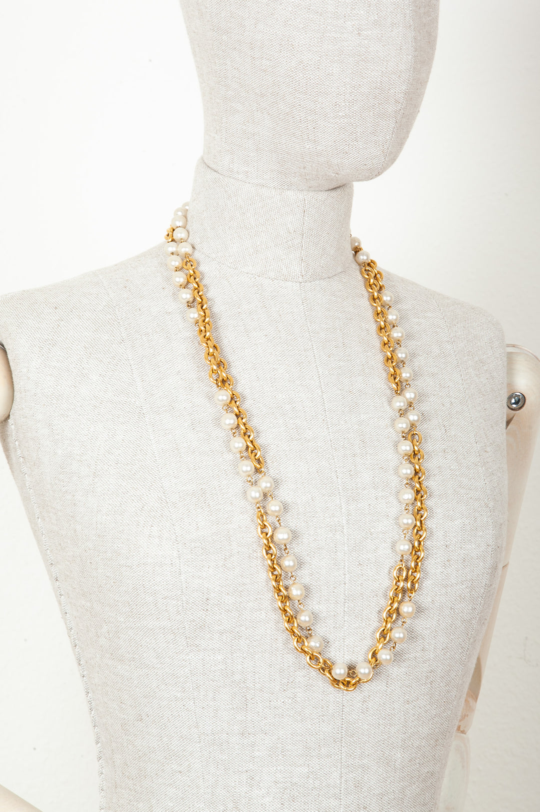 CHANEL Double Pearl Chain Necklace Gold 1985