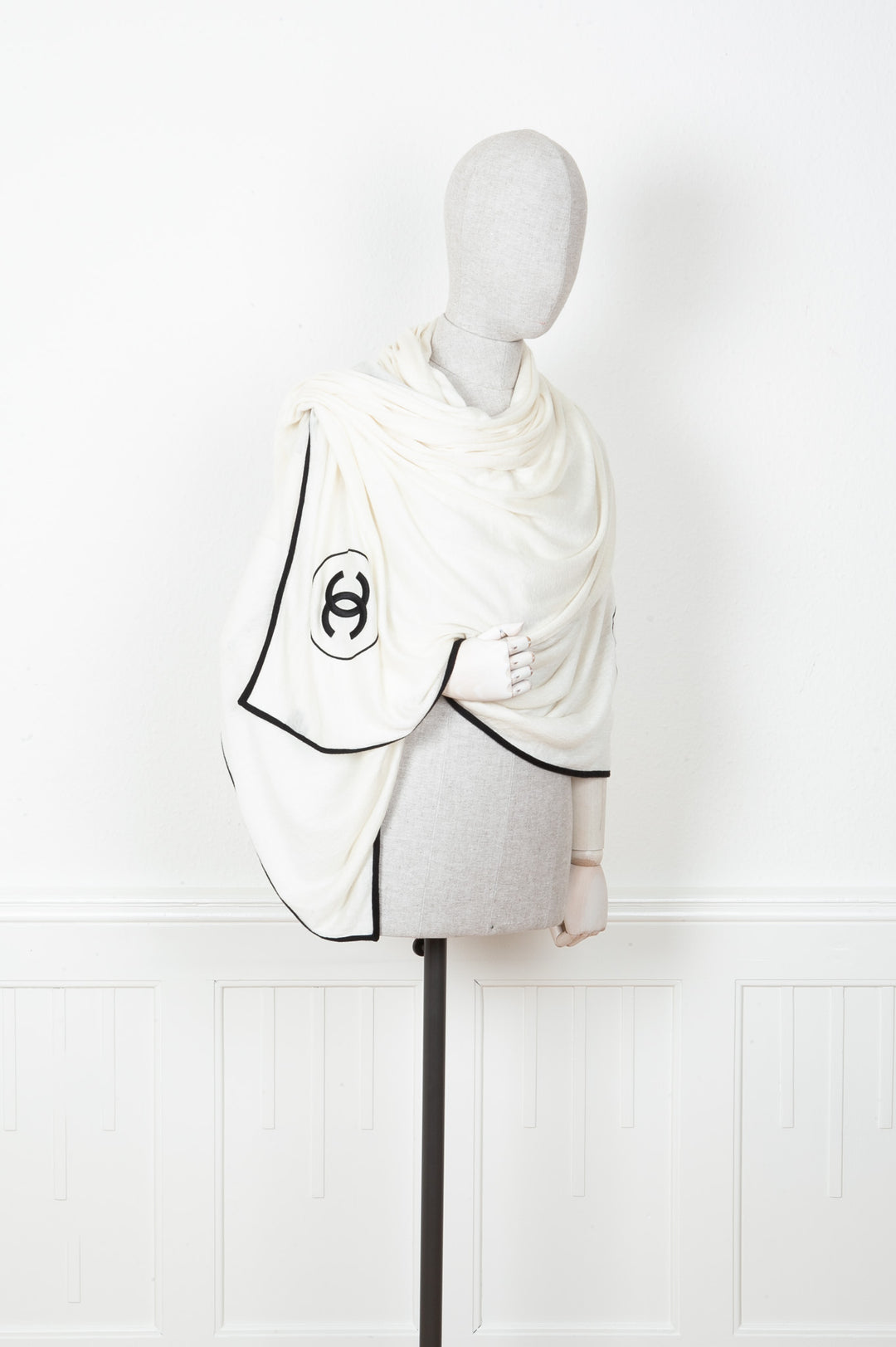 Chanel CC Scarf Cashmere Silk White Black