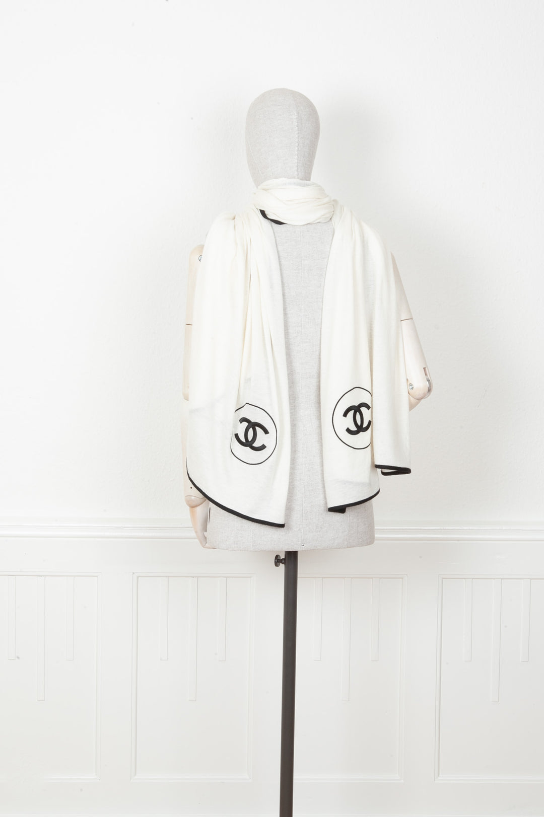 Chanel CC Scarf Cashmere Silk White Black