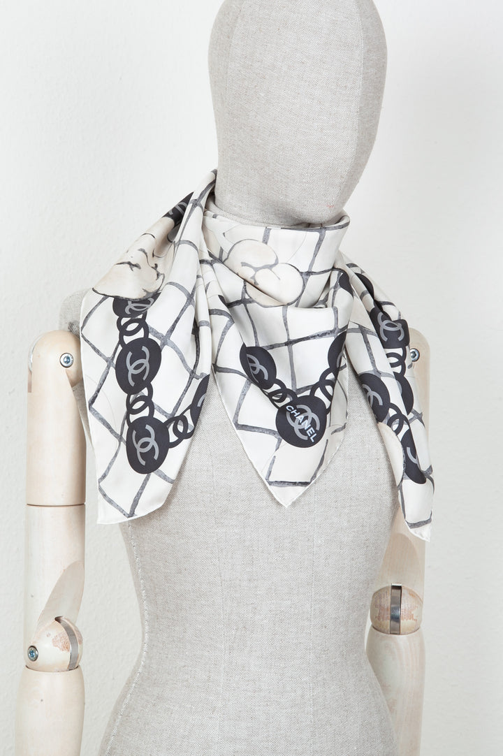 CHANEL CC Camelia Scarf 90 White