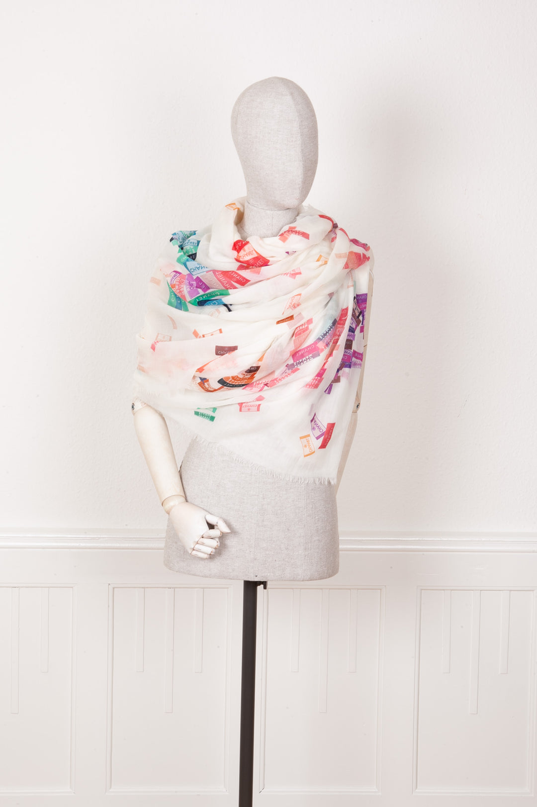 CHANEL Scarf Cashmere Tag Print White