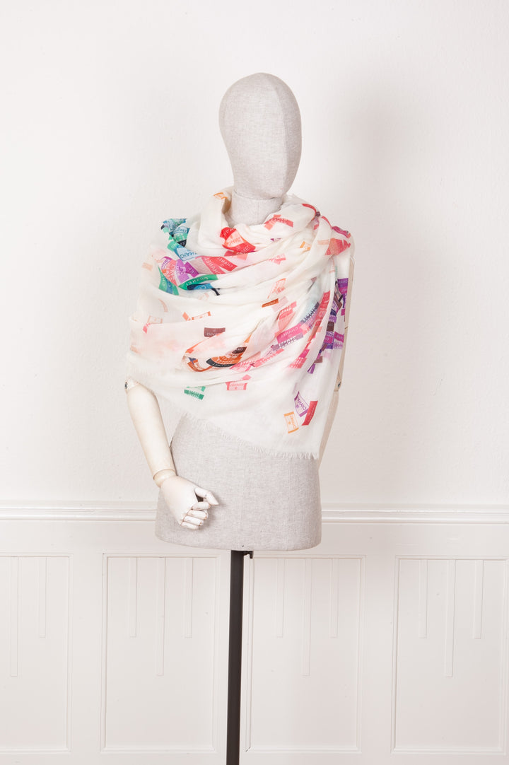 CHANEL Scarf Cashmere Tag Print White