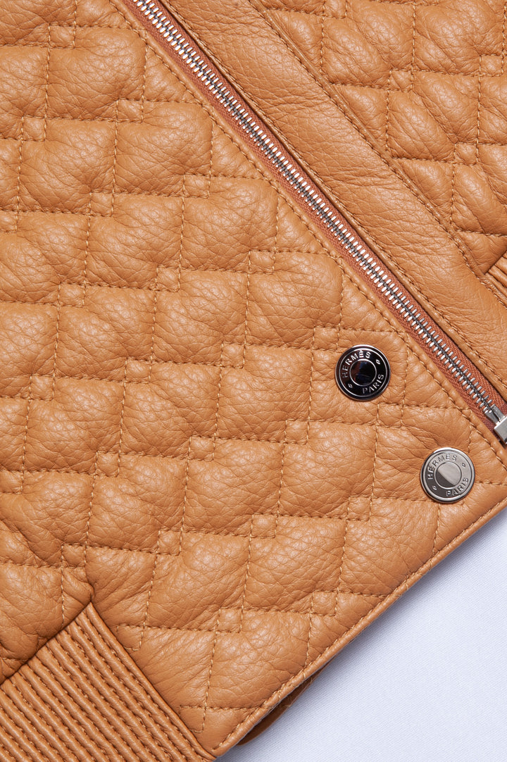 HERMÈS Quilted Leather Bomber Jacket Cognac