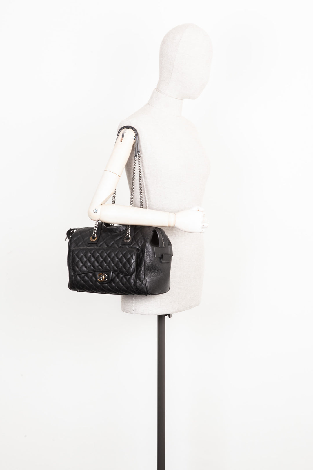 CHANEL Casual Pocket Bowling Bag Quilted Goatskin Black