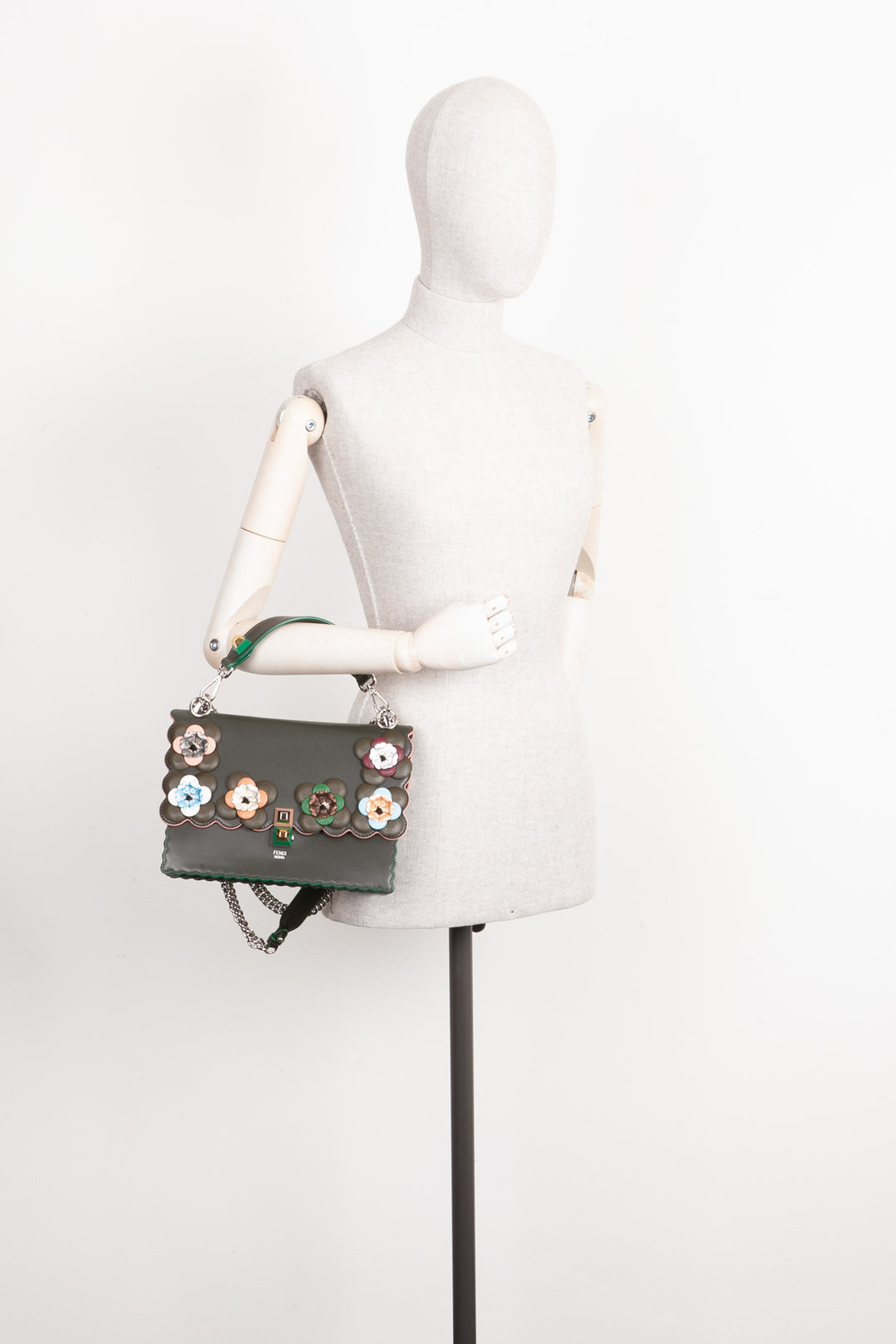 FENDI Flowerland Kan I Bag Embellished Leather Bag Green