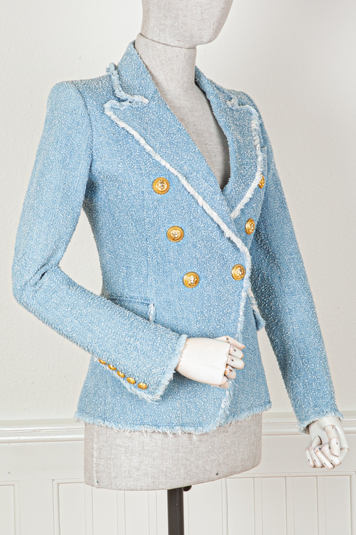 ジャケット BALMAIN Logo button double-breasted blazer Light Blue Balmain Light blue wool twill blazer jacket | RF07149W0256FD