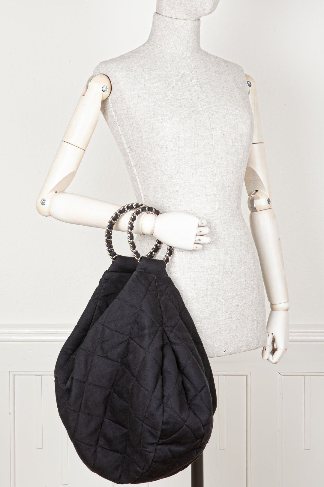 CHANEL Chain Ring Hobo Bag Quilted Jersey Anthracite