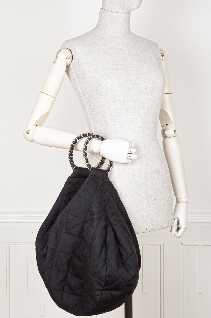 CHANEL Chain Ring Hobo Bag Quilted Jersey Anthracite