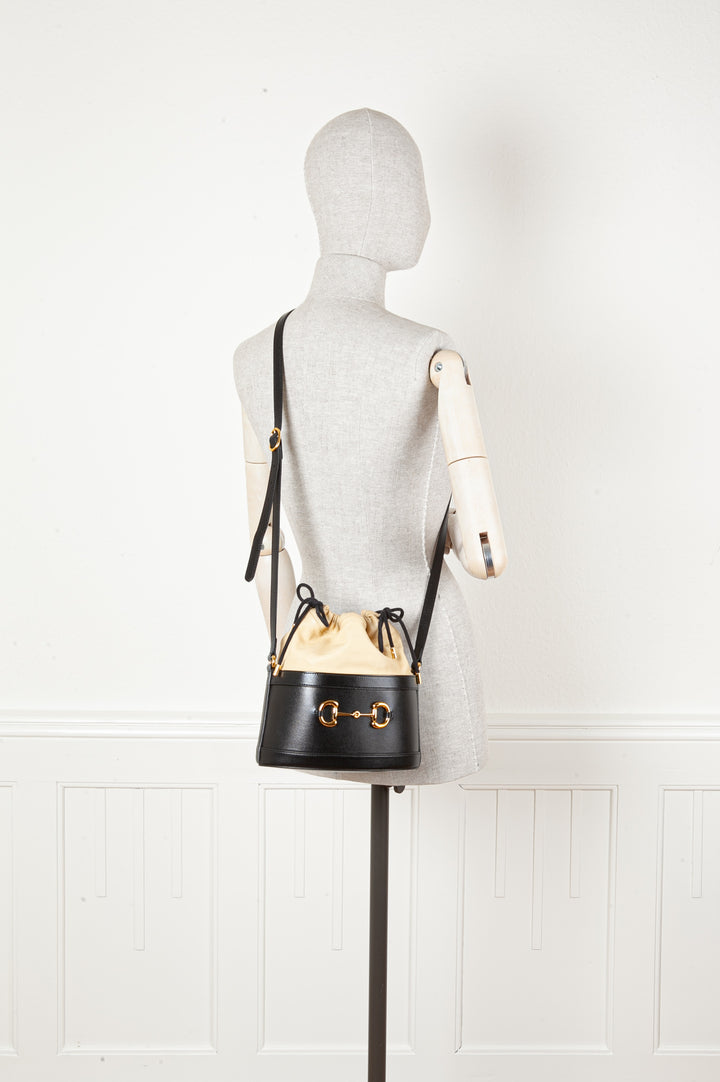 GUCCI Horsebit 1955 Bucket Bag Black Beige