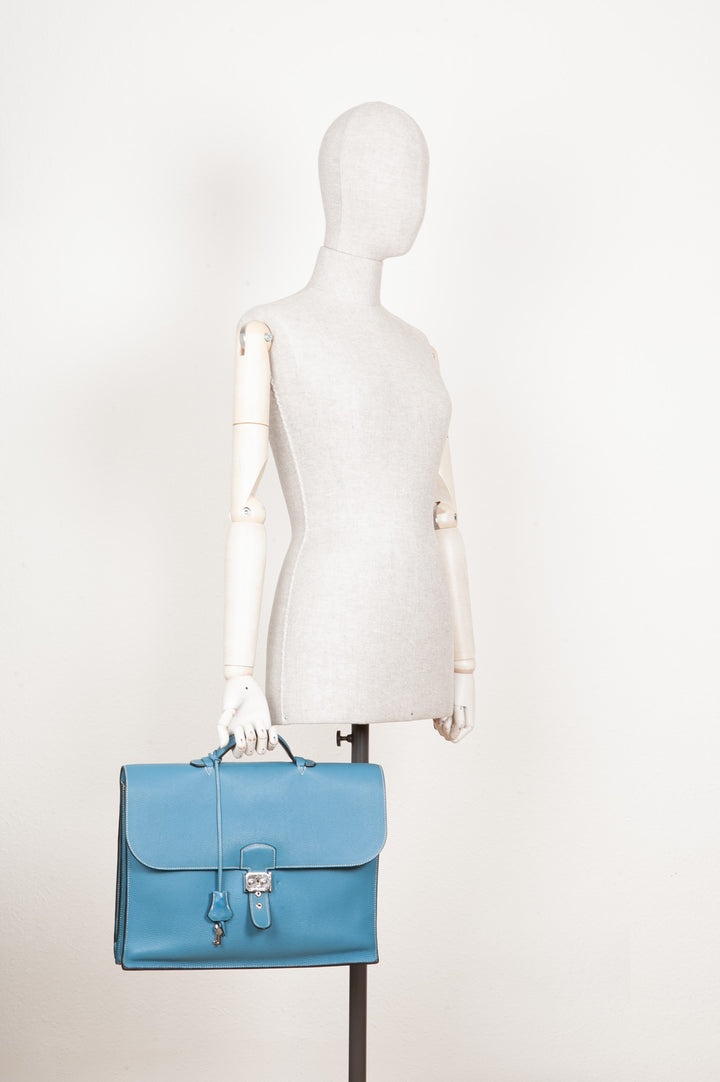 HERMÈS Sac à Dépêches 38 Togo Bleu Jean
