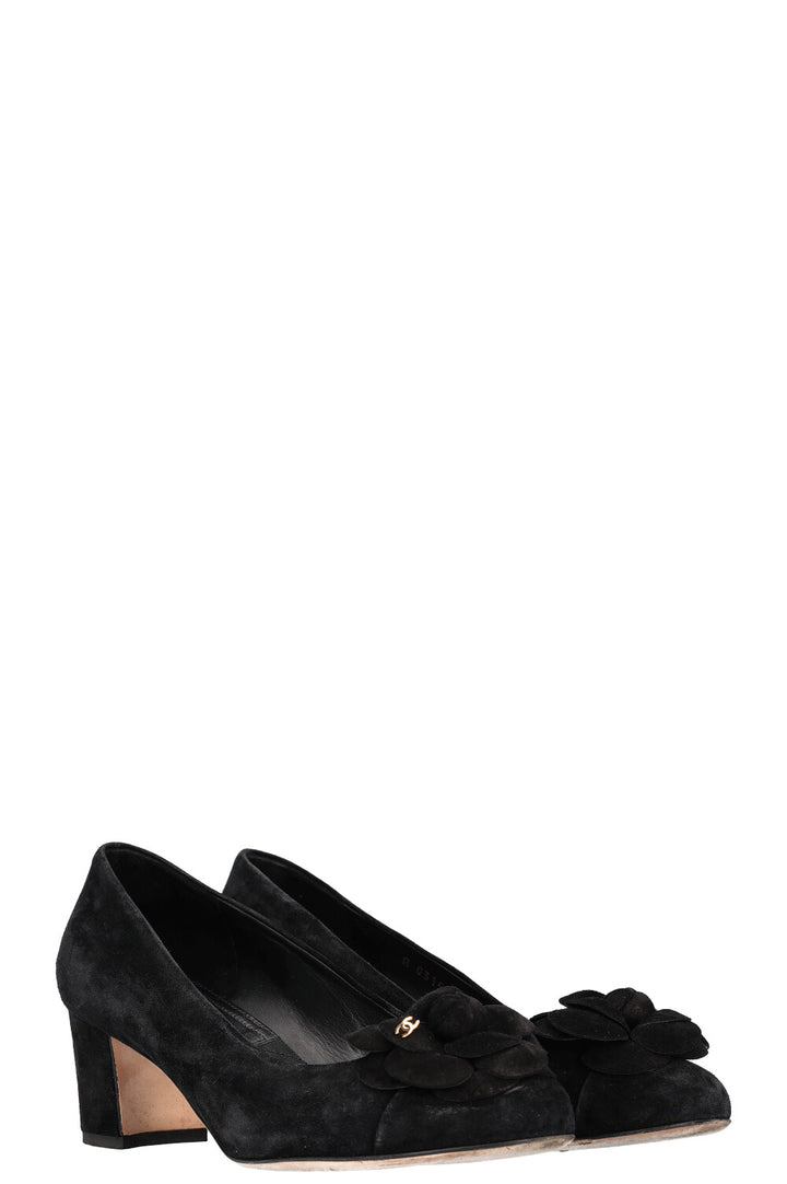 CHANEL Camelia Heels Suede Black