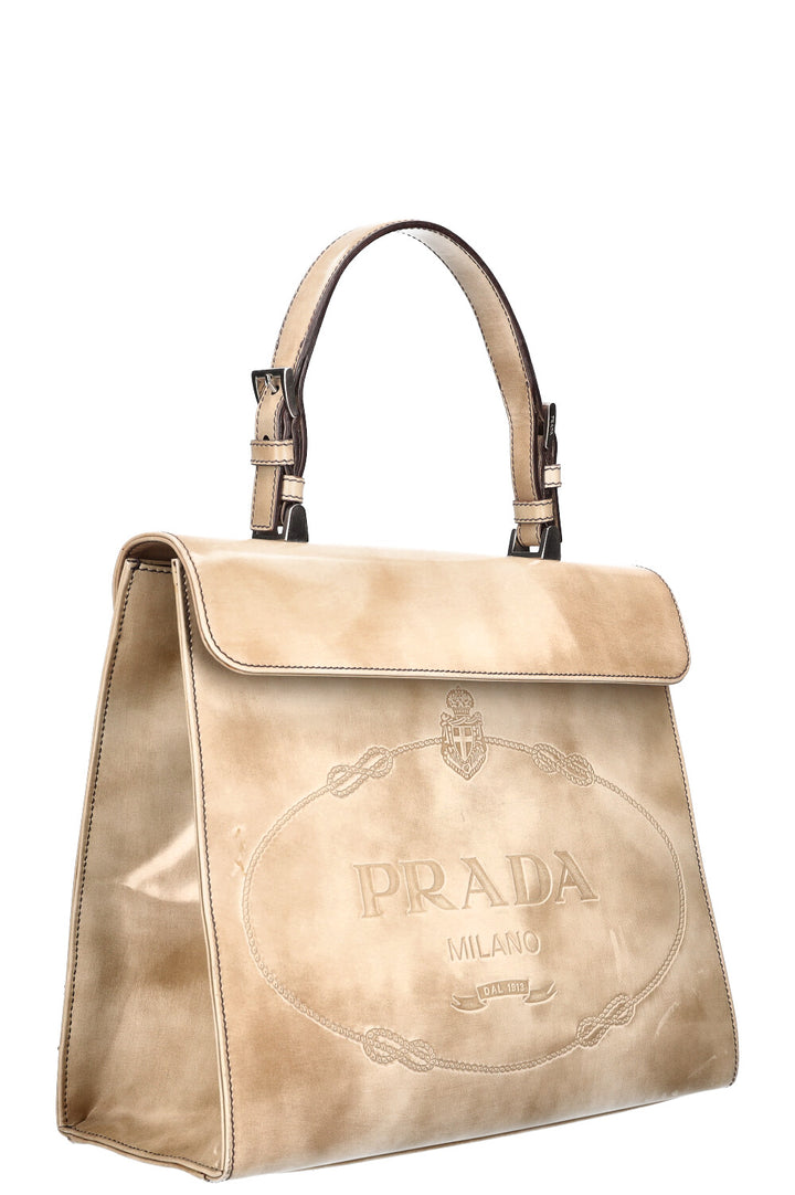 PRADA Logo Top Handle Flap Bag Beige