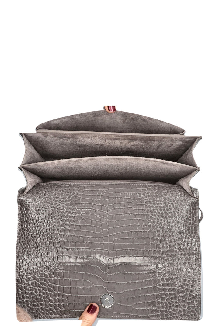 SAINT LAURENT Sunset Bag Gray Croc Embossed