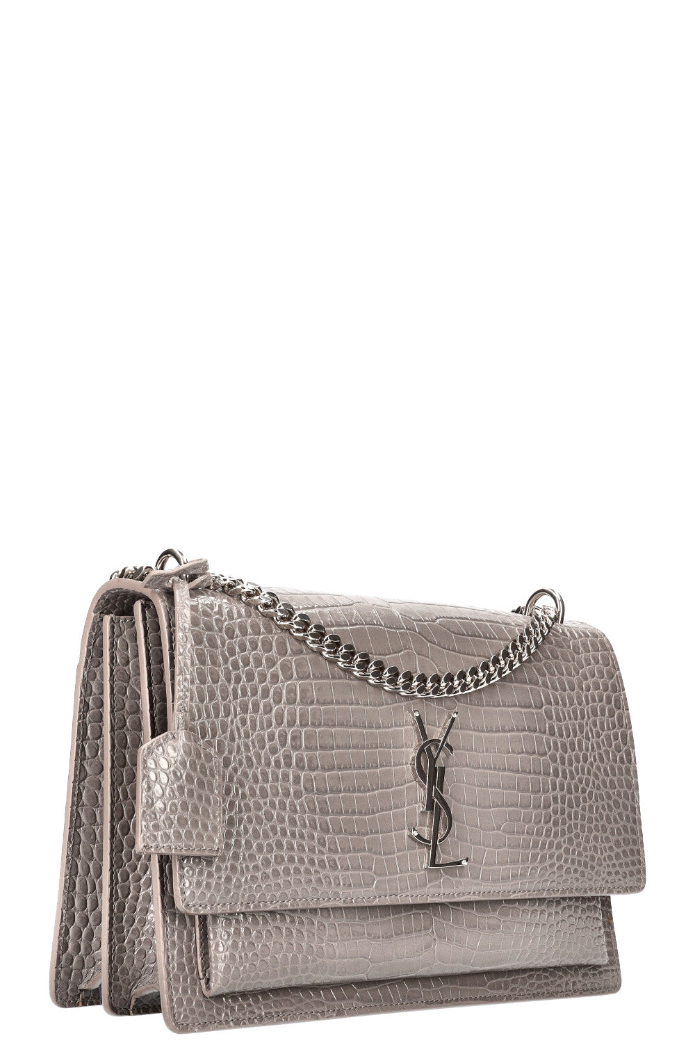SAINT LAURENT Sunset Bag Gray Croc Embossed