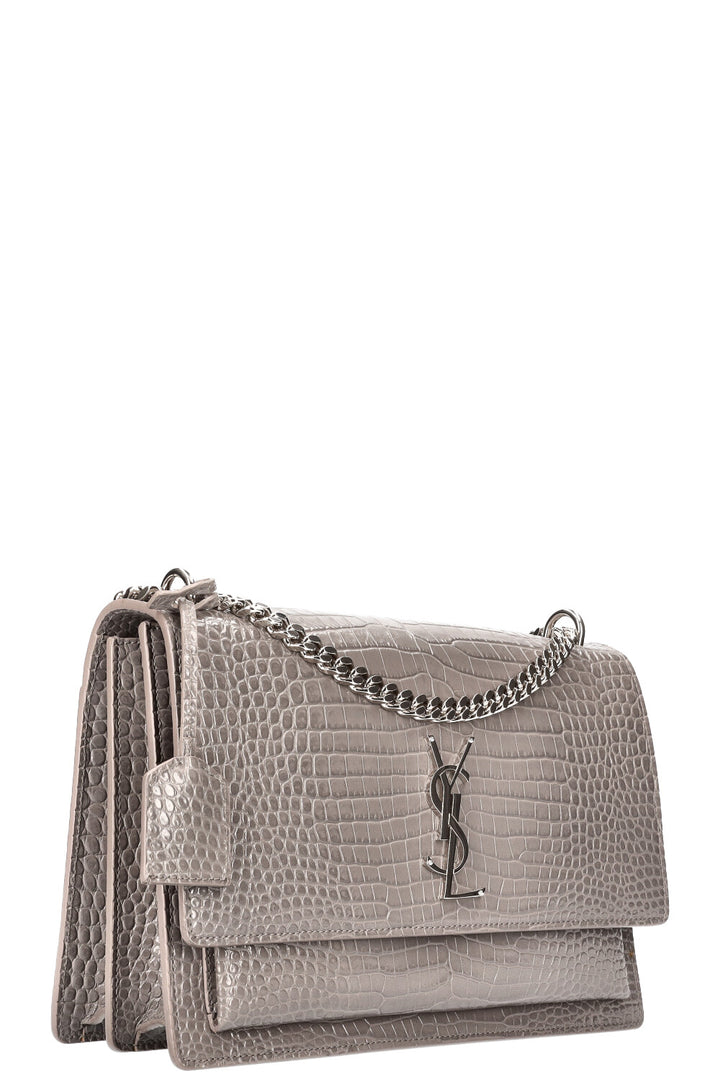 SAINT LAURENT Sunset Bag Gray Croc Embossed