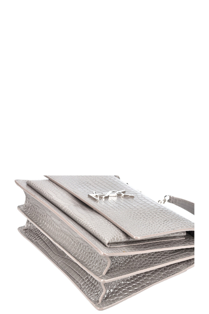 SAINT LAURENT Sunset Bag Gray Croc Embossed
